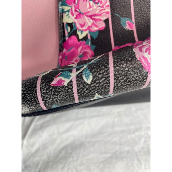Betsey Johnson Satchel Bag Pink Black Floral Print Top Handle Crossbody Charm - Picture 10 of 12